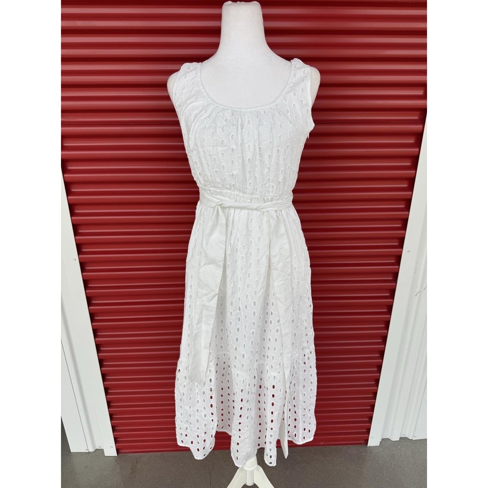 J.Crew Dress Womens P6 White Eyelet Embroidered Sleeveless Midi Sundress Belted